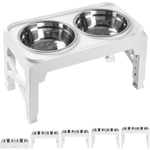 Elevated Dog Bowls with 2 Stainless Steel Food & Water Raised Bowls with No Spill Edge Non-Slip Stand Adjusts to 5 Heights(3.2", 8.77", 9.9",11.1", 12.3") for Small Medium Large Dog and Pet White