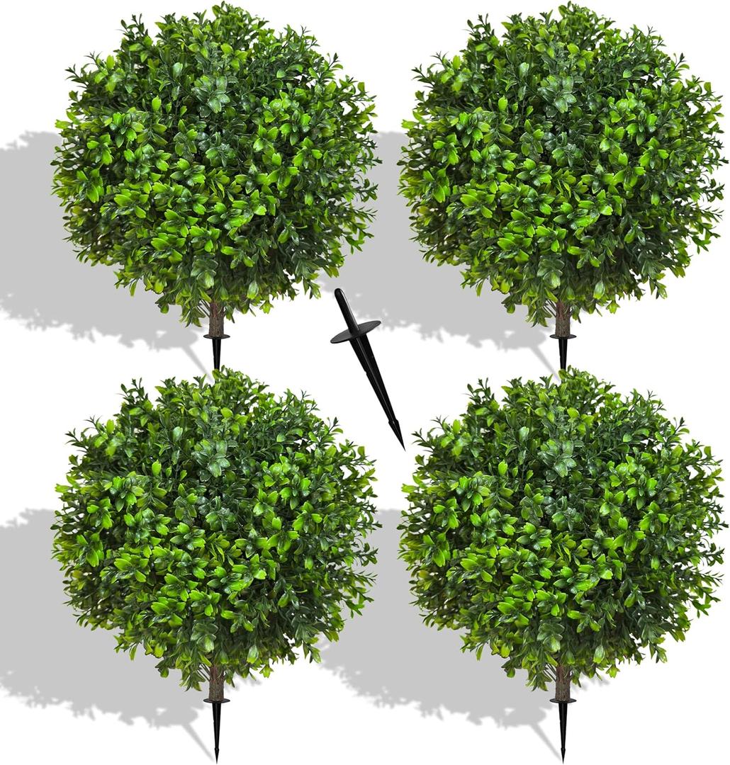 21.6 Inch Artificial Boxwood Topiary Bushes, Set of 4 Fake Shrubs, UV Resistant Plants Faux Topiary Ball Tree for Outdoor Garden Patio Front Porch & Indoor Decor,  Green,boxwood Topiary