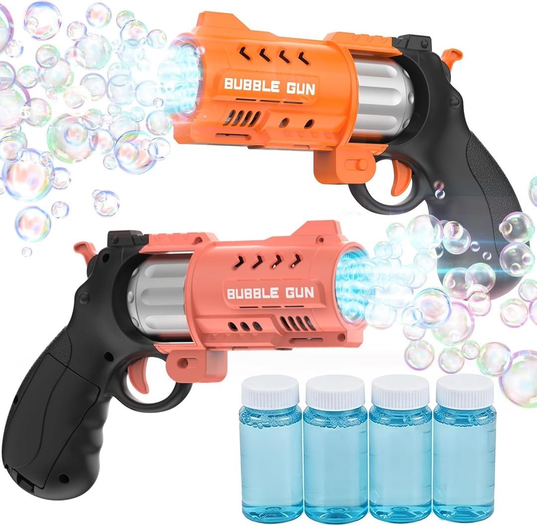 EagleStone 2 Pack Revolver Bubble Guns for Kids, Swing-Out Cylinder, 8000+ Bubbles/Min, LED Light Up, 4 Bubble Solution Bottles, Outdoor Indoor Toy, Birthday Easter Gifts for Toddlers