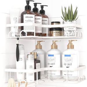 Sakugi Corner Shower Caddy - 2 Pack, Adhesive Shower Organizers, Rustproof Stainless Steel Shower Shelves with 8 Hooks, No Drilling Bathroom Organizers and Storage Racks, Space-Saving, White, Medium