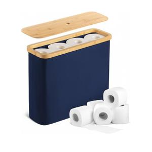 BAMBOO LAND- Toilet Paper Storage with Bamboo Lid for 12 Rolls, Dark Blue, Waterproof Bamboo Toilet Paper Holder Basket