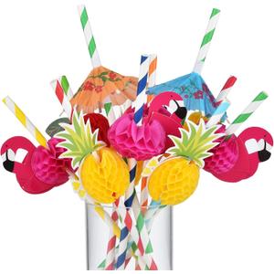 Haundry 100PCS Luau Party Cocktail Straws, 3D Honeycomb Flamingo Fruit Umbrella Paper Straws with Pineapple Straws, Disposable Tropical Drinking Straws for Hawaiian Pool Summer Party