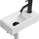 14.5"x7.3" Small Bathroom Sink Small Wall Mounted Bathroom Sink Wall Hung Basin Sinks White Rectangle Ceramic Wash Basin Hand with Tap & Drain (Right Hand)