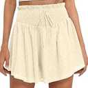 Caracilia Womens Summer Eyelet Mini Skirts High Waist Smocked Layered Ruffle Cute Boho Short Skorts 2026 Casual Beach Outfits Beige Small