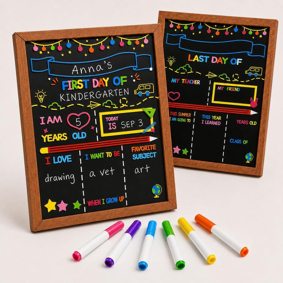 2 x First and Last Day of School Sign Board with Pine Wood Frame & 6 Erasable Color Markers - 10x12 Inch Double Sided Back to School Chalkboard Photo Prop, Reusable Dry Erase Milestone Keepsake
