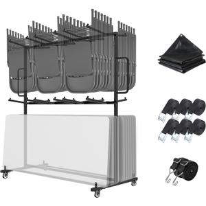 Folding Table And Chair Cart,Two Tier Folding Chair And Table Storage Rack With 800LBS Capacity For 84 Folding Chairs Heavy Metal Folding Chair Holder Rack with Rubber Locking Wheels,Straps and Cover