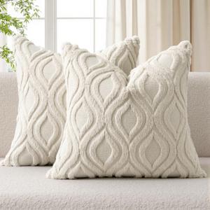 MIULEE Beige Throw Pillow Covers 18x18 Inch, Neutral Soft Plush Faux Wool Solid Couch Pillows Set of 2, Decorative Farmhouse Boho Cushion Covers for Sofa Living Room Bed Home Decor