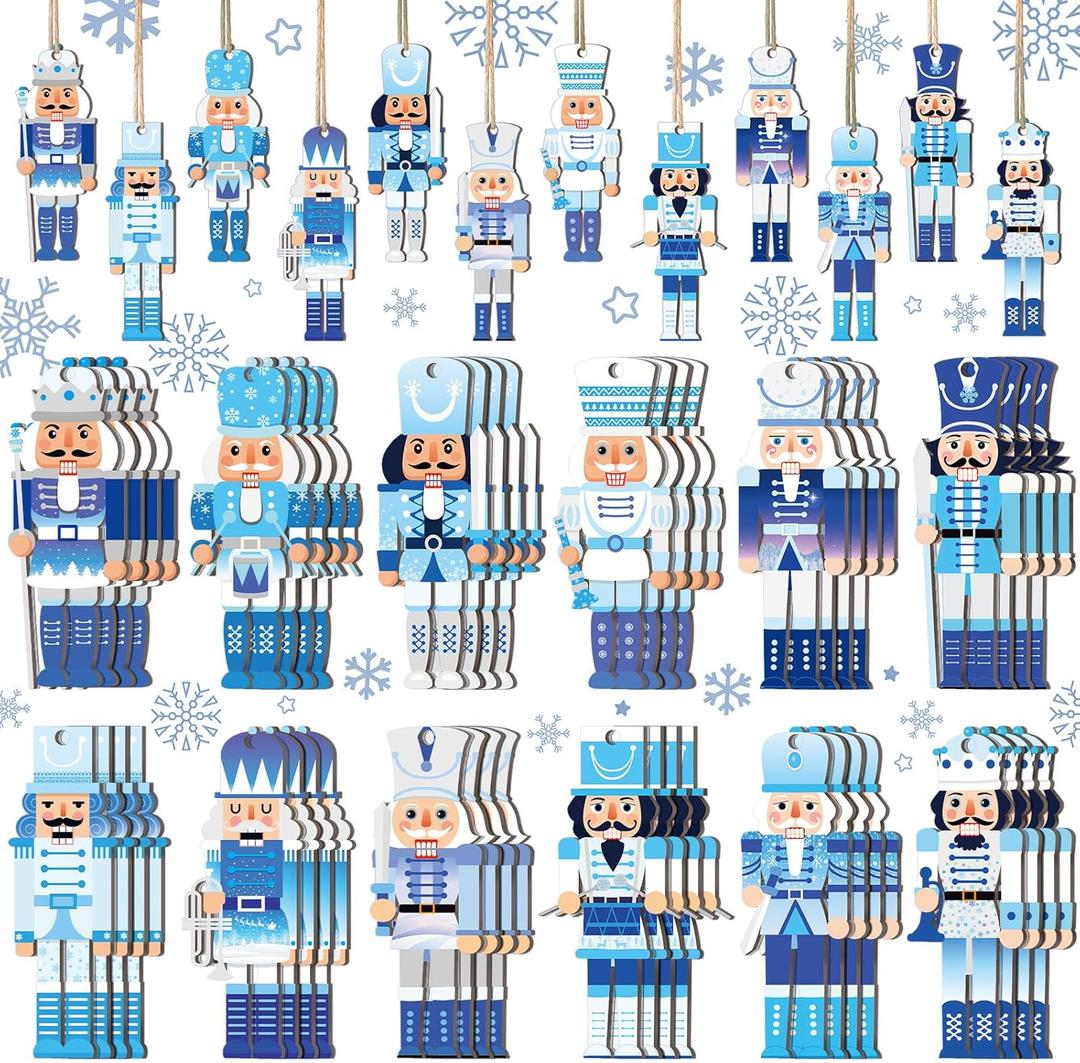 Pinkunn 48 Pcs Christmas Nutcrackers Ornament Set Blue and White Wooden Ornament Chinoiserie Hanging Wood Nutcrackers Sign Christmas Tree Decor for Holiday Party Decor Gifts(Blue Style)
