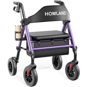 HOMLAND Walkers for Seniors with Seat, Foldable Rollator Walker, Reinforced Aluminum Frame, 8" Big Rubber Wheels for All Terrain, Height Adjustable Lightweight Rolling Walker