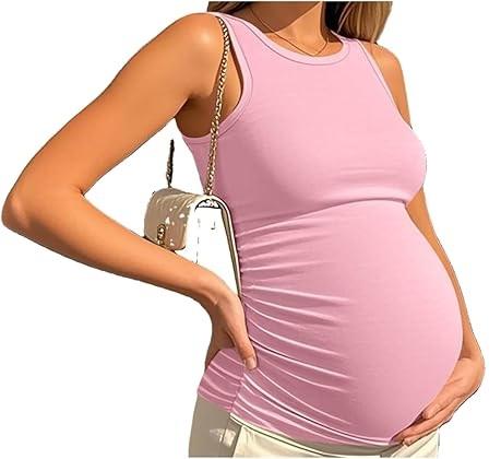 Ficerd Women's Maternity Tank Top, Side Ruched Sleeveless Pregnancy Shirts Summer Comfy Round Neck Maternity Vest Tee (Light Pink) Small