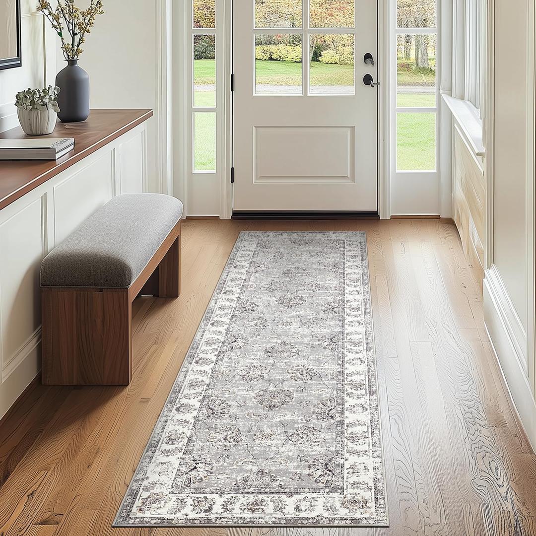 jinchan Runner Rug 2x6 Machine Washable Hallway Rug Grey Vintage Floral Print Non-Slip Low Pile Ultra-Thin for Kitchen,Entryway,Laundry Room,Bedroom,Farmhouse (2x6,Grey)