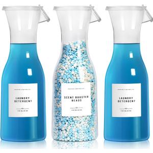 Laundry Detergent Dispenser Bottle 40oz with Waterproof Label for Detergent, Soap, Fabric Softener, Scent Booster Beads, Sturdy PET Bottle for Laundry Room Decor 3 Pack