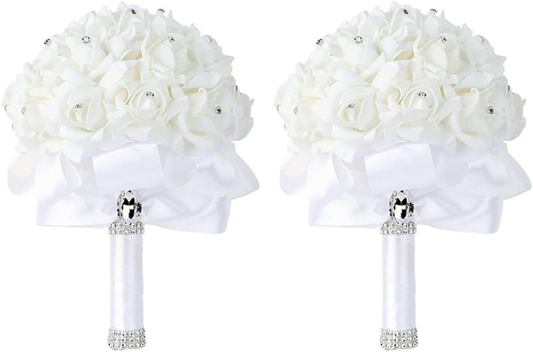 Foraineam 2 Pack Wedding Bouquet Bridal Bridesmaid Holding Flowers Foam Roses Artificial Fake Flower Hand Bouquets with Crystals Soft Ribbons
