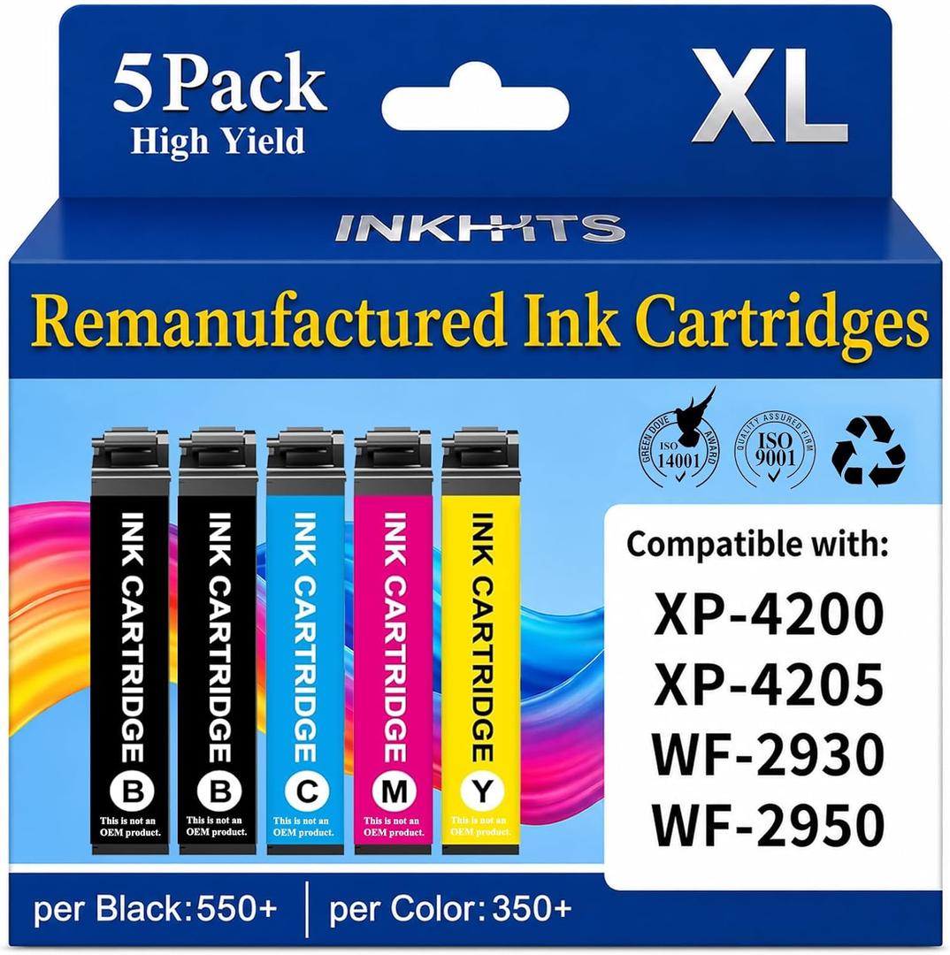 Remanufactured Ink Cartridges Replacement for Epson 232XL Ink Cartridges Combo Pack Latest Upgrade (5-Pack) for Epson 232 XL Ink Work with XP-4200 XP-4205 WF-2930 WF-2950 Printer, (2BK/C/M/Y)