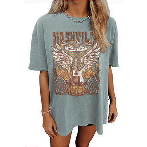 Oversized Rock Band T-Shirt Women Country Music Shirt Tops Nashville Music City Tshirt Vintage Guitar Wings Graphic Tees, Size M