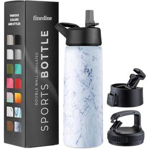 FineDine Triple Walled, Insulated Water Bottles with Straw - 25 Oz Stainless Steel Metal Bottle W/ 3 Leak Proof Lids - For Travel, School, Sports, Gym/Men, Women & Kids - Fresh White Marble