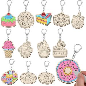 Trnayi 36 Pcs Dessert Craft Color Your Own Sweet Treat Keychains Unfinished DIY Coloring Ice Cream Wooden Donut Cupcake Crafts Blank Wood Painting Kits for Summer Art Donut Party Favors, 2.56 inches