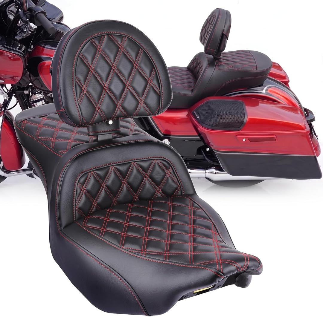 Rider Passenger Seat, Gel Seat with Adjustable Driver Backrest for Harley Touring Road Glide/Street Glide/CVO Road Glide/CVO Street Glide 2024-2026 (Red Rhombus)