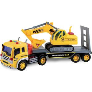 Maxx Action 17’’ Vehicle Transport with Excavator – Bright Lights and Construction Sounds | Friction Powered Trailer | 3 Piece Toy Playset for Kids | Yellow Construction Truck for Kids