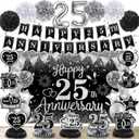 25th Wedding Anniversary Decorations Black Silver Happy 25th Anniversary Banner Backdrop Honeycomb Centerpiece Hanging Swirls Pom Poms for 25 Years Silver Wedding Party Decorations Supplies
