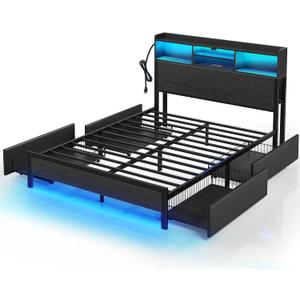 Rolanstar Full Bed Frame with Storage,4-Drawer Platform Bed with USB Charging Station,Built in LED Lights and Bookcase Headboard,No Box Spring Needed,Easy Assembly,Noise-Free,Black