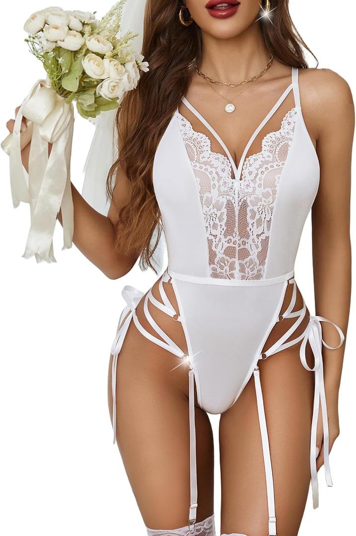 Avidlove Lingerie for Women Lace Bodysuit Sexy Garter Lingerie Set Teddy Lingerie (White, Small)