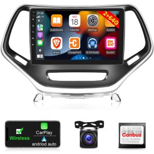 [2G+64G] Android 13 Car Radio for Jeep Cherokee 2013-2018, 10.1 inch Touch Screen Car Stereo, Carplay/Android Auto/Hi-Fi Audio/1080P/SWC/Bluetooth + AHD Backup Camera + MIC