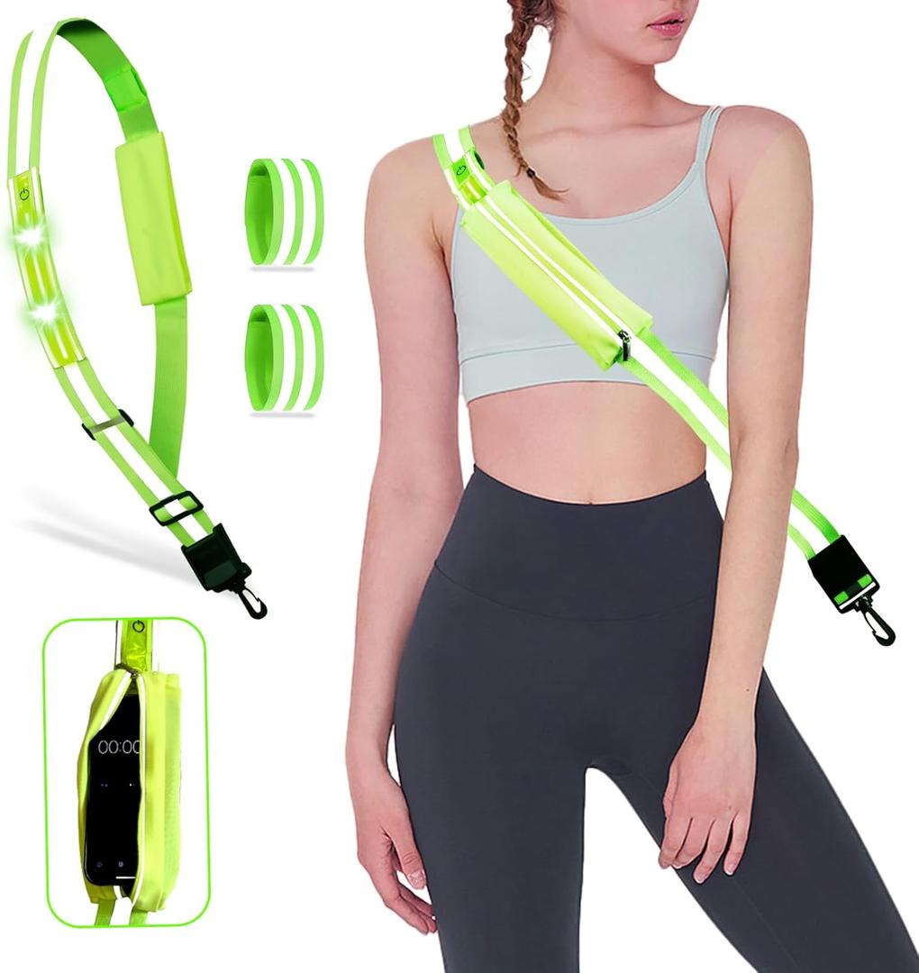 LED Reflective Vest, Bag & Wristbands - Rechargeable Light-Up Gear for Night Running/Cycling/Walking, High-Vis Safety Equipment (Green (whith bag))