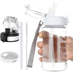 OLDLEY Kids Water Bottle for School, 12 oz (2 lids) BPA-Free Reusable Leak-Proof Durable Tritan Plastic Water Bottles with Straw & Chug Lids, Anti-dust Spout Cover (Clear)