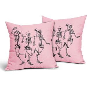 Halloween Skull Pillow Covers 18X18 In Set of 2 Cute Funny Skeleton Decorative Pillow Cases Vintage Pink Pillow Covers Cotton Linen Cushion Case Autumn Home Decor For Couch Sofa Patio Porch Outdoor