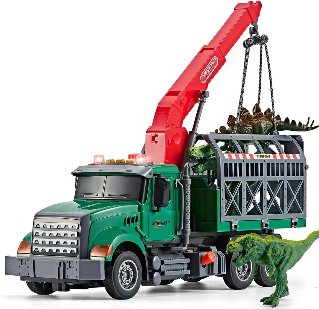 LerBao Large Dinosaur Transport Truck Toys for 3 4 5 6 7 8 Year Old Boys, Truck with Loading Crane,Lights and Sounds Vehicles Toy for Kids Childs Toddlers Christmas Birthday Gift