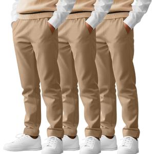 3 Pack Boys' School Uniform Pants 6-14Y Elastic Waist Stretch Youth Trousers with Pockets Straight Fit for Kids (Khaki, Khaki, Khaki)