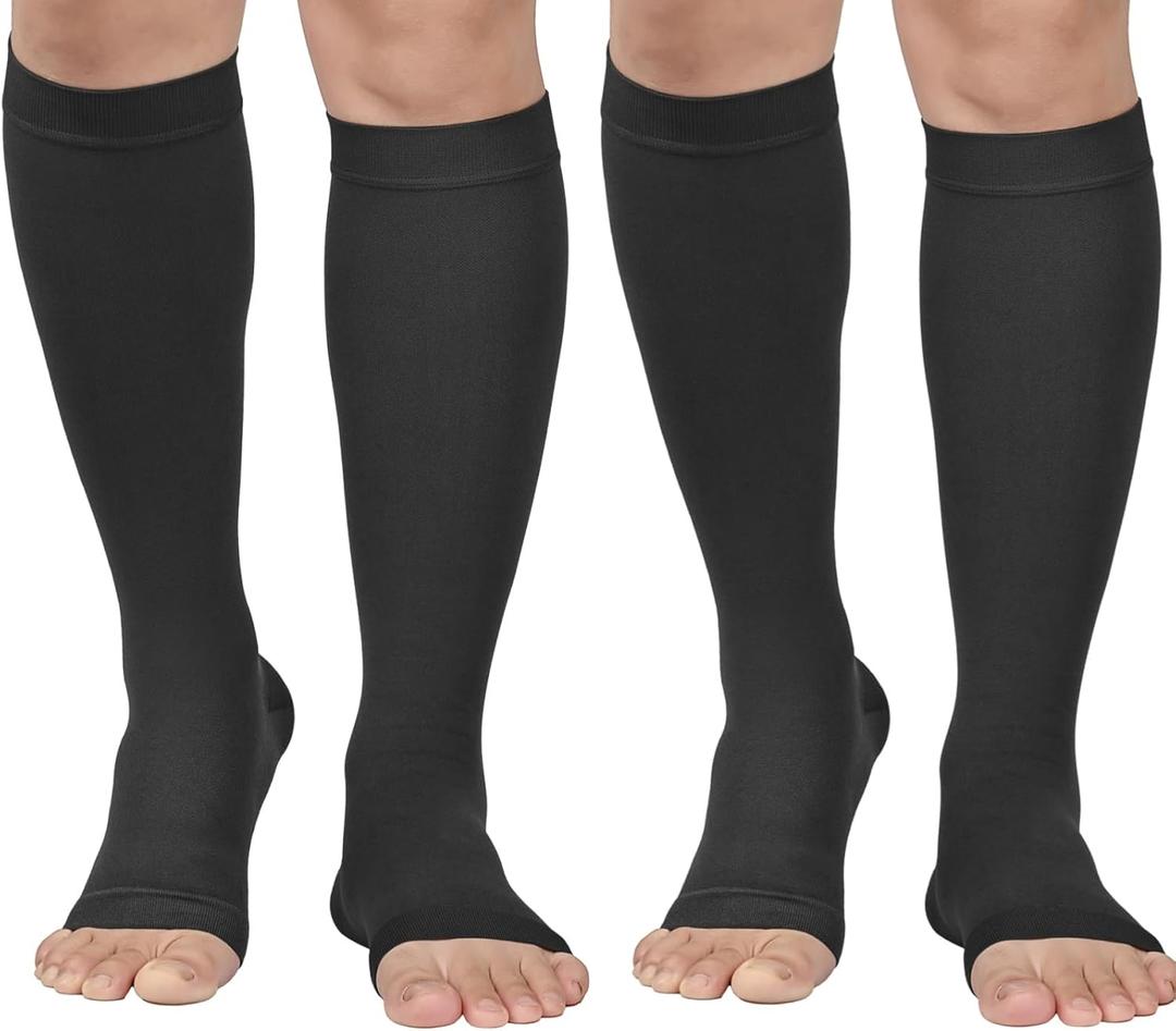 MGANG 20-30 mmHg Compression Stockings for Men and Women, 2 Pairs Medical Compression Socks, Knee High Length, Open Toe, Opaque, Support Hose for Varicose Veins, Oedema, Swelling, Black Medium (Medium, 1 Pair Black + 1 Pair Black)