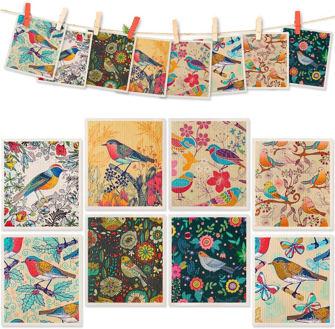 Lucomb 8 Pack Swedish Dishcloths for Kitchen, Reusable Soft Kitchen Towels Dish Cloths Set Absorbent Sponge Cleaning Washable Quick Drying Bar Hand Washing (Birds Flowers)