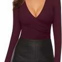 MANGOPOP Women's Cross Wrap Ruched Plunge Sexy Deep V Neck Slim Fit Long Sleeve Fleece Lined T Shirt Tunic Tops Tee (S, Burgundy)