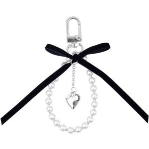 Black Bow With Pearls Keychain Y2k for Women Girls Bow Keychain Wristlet For Purse Goth Key Chain With Heart Charm