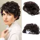 6" Natural Fluffy Human Hair Topper Short Curly Topper Hair Pieces Toupee Clip in Topper Human Hair Wig Topper Wavy Hair Topper Wiglets Hairpieces for Women with Thinning Hair 2#