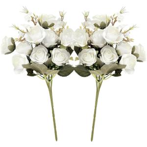 5 Stems 10 Heads Artificial Flowers Small Roses with Leaf Bouquet for Valentines Decoration Kitchen Wedding Office (2 Pcs, White)