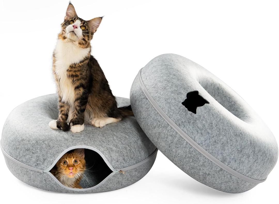 Cattasaurus Peekaboo Cat Cave, Extra Spacious for Multiple & Large Cats 12+ lbs, Scratch Detachable Cat Beds for Indoor Cats, Washable Tunnel Bed, Comfy Cat Donut Tunnel (Light Gray+Light Gray, Jumbo)