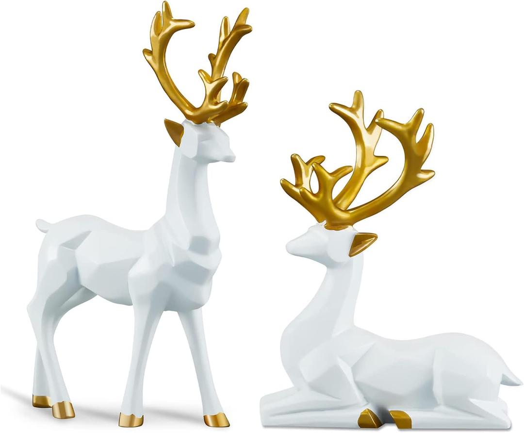 2PCS Carved Elk Statue Resin Ornaments, Christmas Reindeer Fortune Seeking Decoration Modern Retro Art Standing And Sitting Posture, Applicable To Living Room And Bedroom (3D Geometric White)