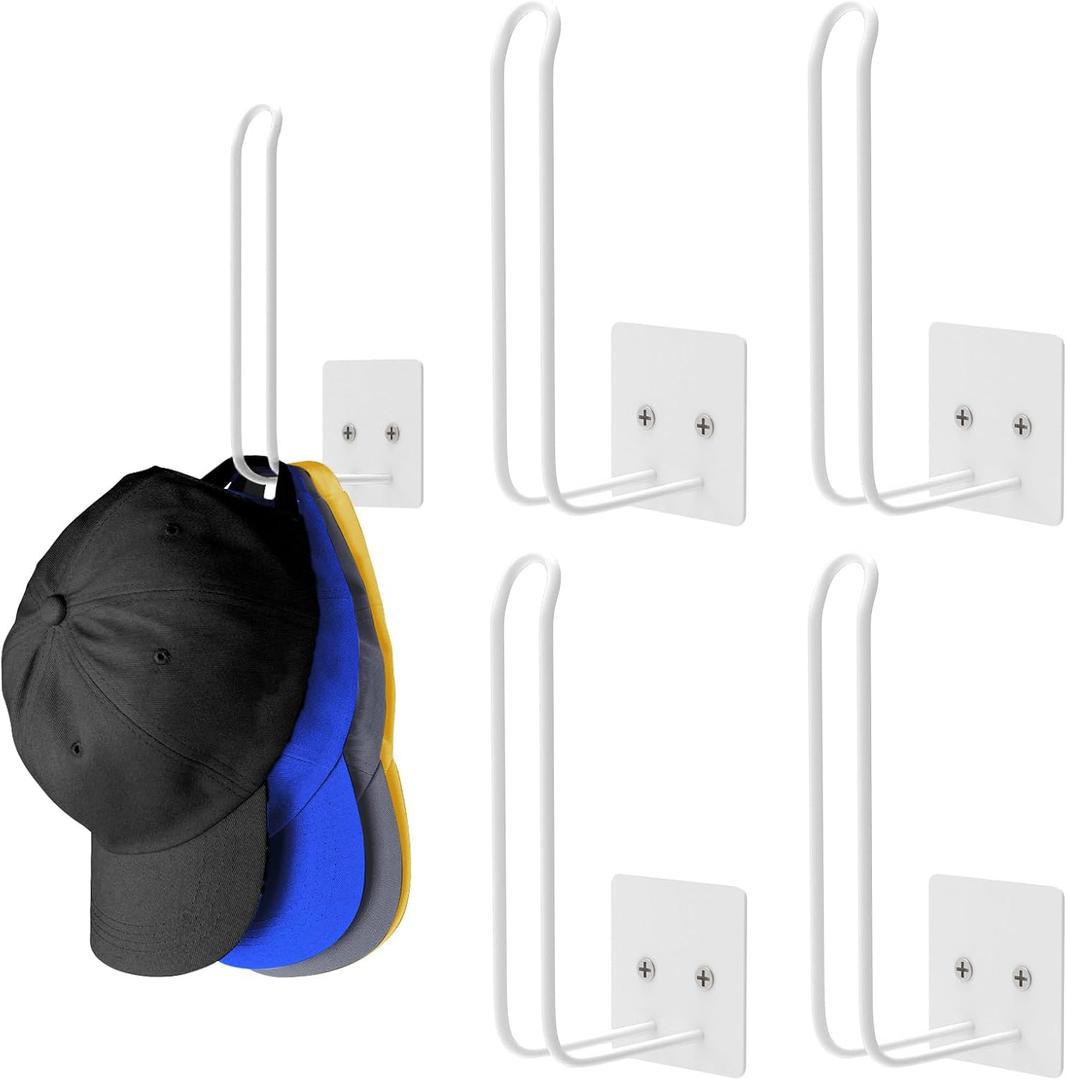 4 Pack Hat Racks for Baseball Caps, Hat Organizer, Hat Holder Hat Storage for Baseball Caps, Hat Hanger Strong Adhesive/Wall Drilled for Door,Bedroom,Closet(White)