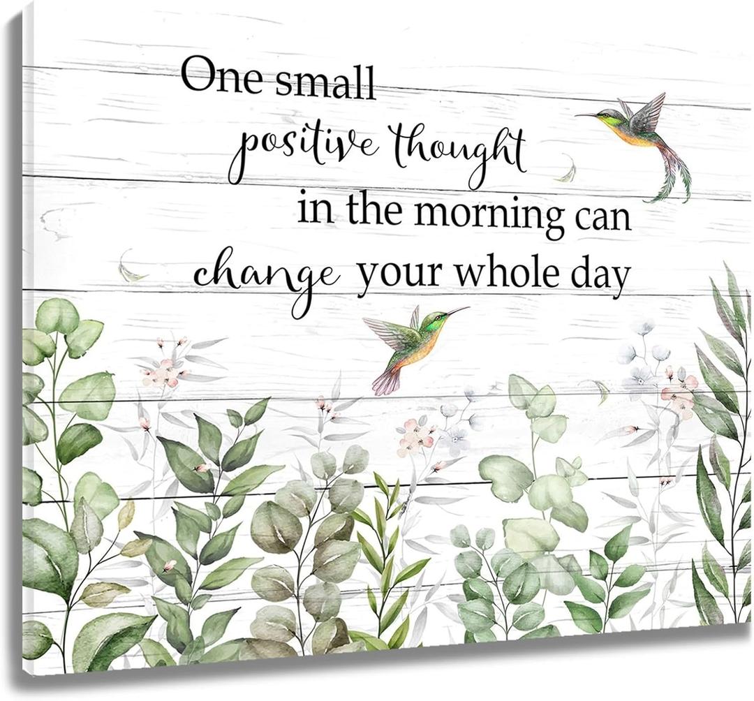 LB Sage Green Plant Wall Art Eucalyptus Leaf with Hummingbird Canvas Wall Art for Living Room Inspirational Quotes Poster Paint Wall Art Decor for Bathroom Kitchen Bedroom,20Wx16H inch Wooden Framed