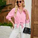 Womens Oversized Button Down Shirts Smocked Cuffed Ruffle Sleeve Boyfriend Blouses Collared Work Casual Top with Pockets (Pink, L)