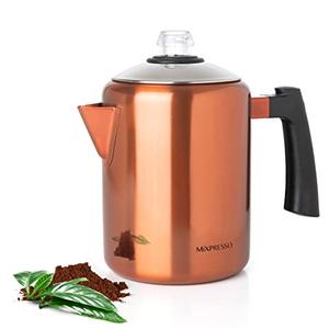 Mixpresso Copper Stainless Steel Coffee Percolator Stovetop, 37oz Classic Percolator Coffee Pot, Great For Camping Pot, 5-8 Cup Stove Top Espresso Maker, Cool-Touch Handle