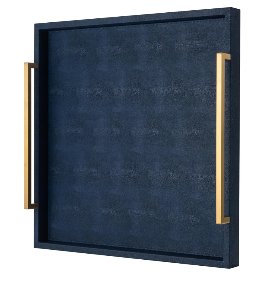 Large Navy Blue Decorative Tray for Ottoman,Stylish Rectangle Coffee Table Tray with Handles,Versatile Serving Tray for Living Room and Home Decor