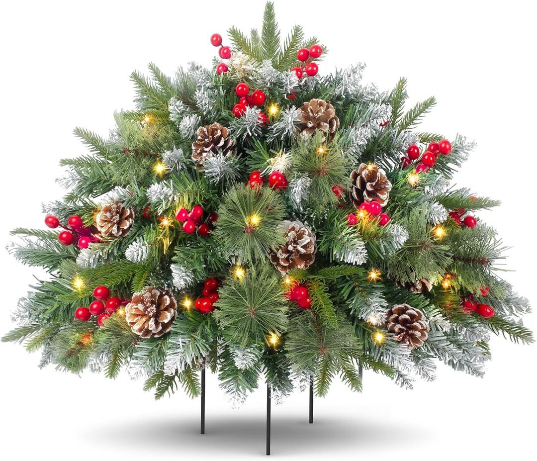 20" Prelit Small Christmas Tree with Lights, Battery Operated Xmas Tree with Pine Cones & Red Berries, Frosted Urn Filler, 50 LED Warm Lights with Timer, Outdoor for Porch and Pathway, 1 Pack