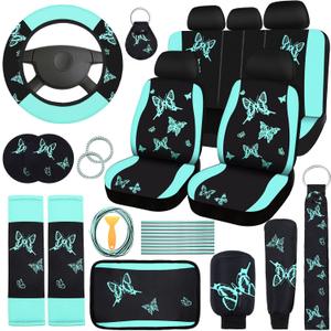 BBTO 43 Pcs Butterfly Car Seat Full Set Butterfly Car Accessories for Women 5 Front Rear Seat Covers Wrist Strap 2 Pcs Cup Mat Armrest Pad 2 Belt Xmas Cover Accessories for SUV(Mint Green, Black)