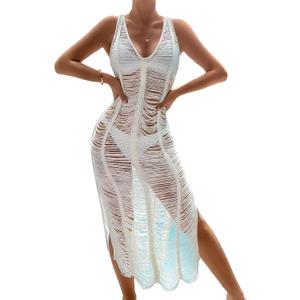 OYOANGLE Women's Crochet Hollow Out Swimsuit Cover Up Deep V Neck Sleeveless Beach Midi Dress Swimwear (White, S)