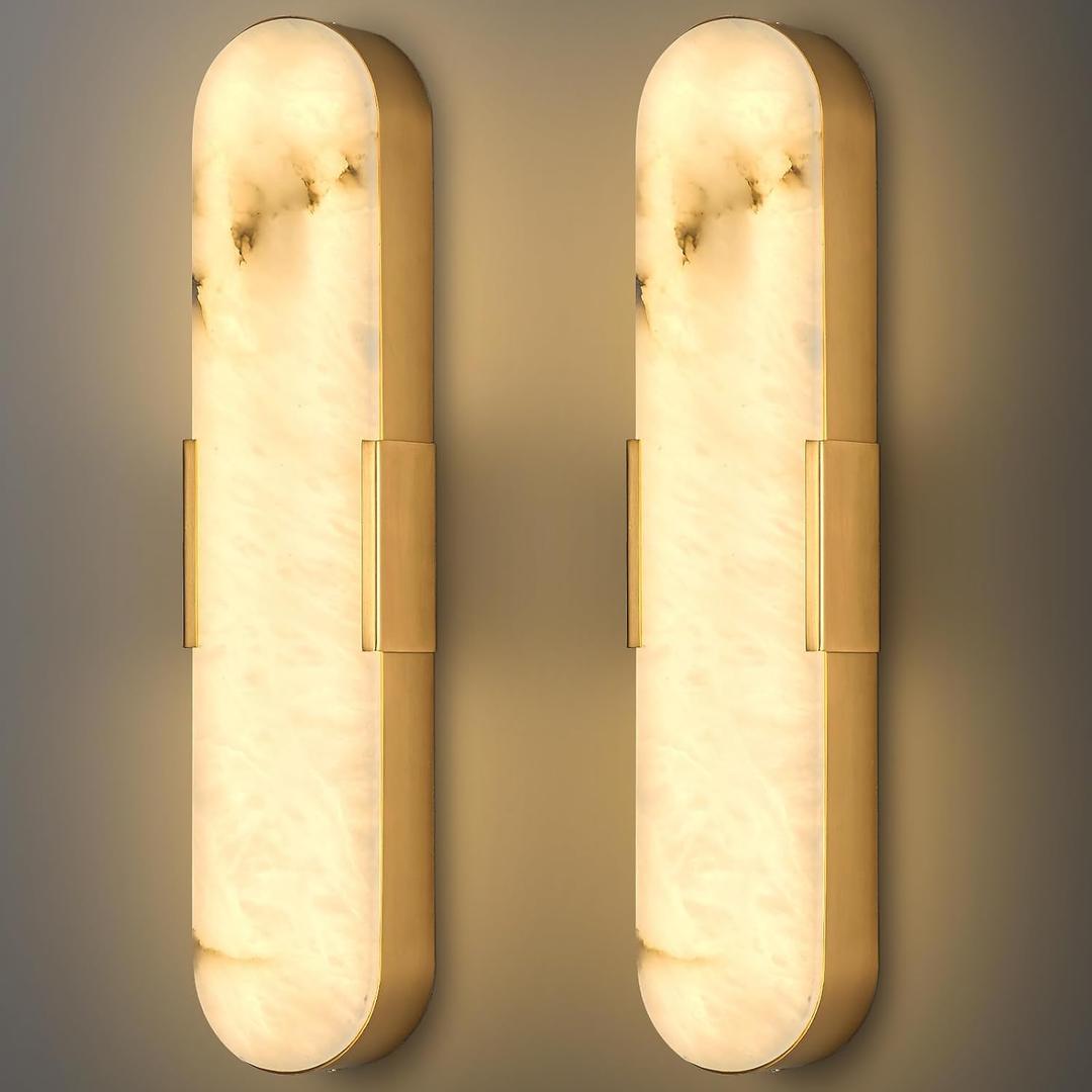 Gold Alabaster Wall Sconces Set of Two 20" Natural Marble LED Wall Lights, Mid Century Marble Wall Lamp Bathroom Vanity Indoor Alabaster Wall Lighting Fixtures for Bedroom Hallway Stairs