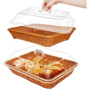 2 Pcs Rattan Bread Basket 15.7 x 11.8 Inch Woven Imitation Rattan Fruit Basket with Acrylic Lid Wicker Bread Basket for Serving with Cover Food Vegetable Display Storage Baskets for Kitchen Restaurant